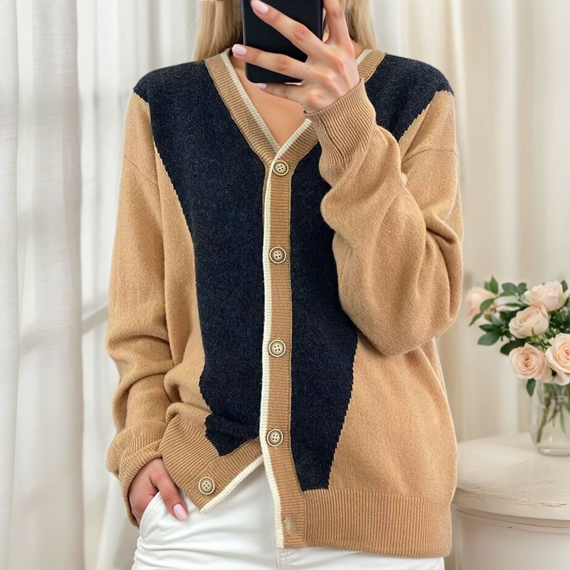 Damen Baumwolle Farbblock Langarm Bequem Lässig Strickjacke