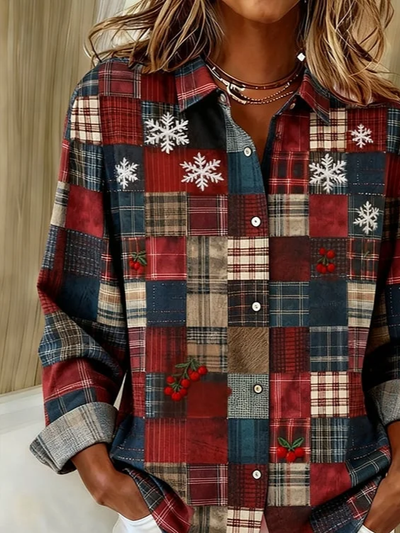 Hemdkragen Normale Ärmel Langarm Weihnachten Schnalle Regelmäßig Weit Knopfhemd Bluse für Damen