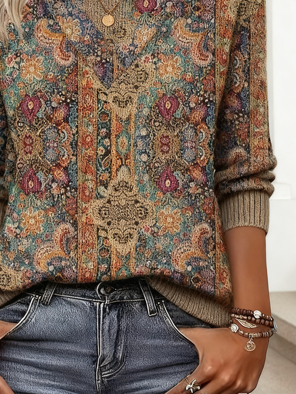 Damen Geometrisch Langarm Bequem Retro Pullover