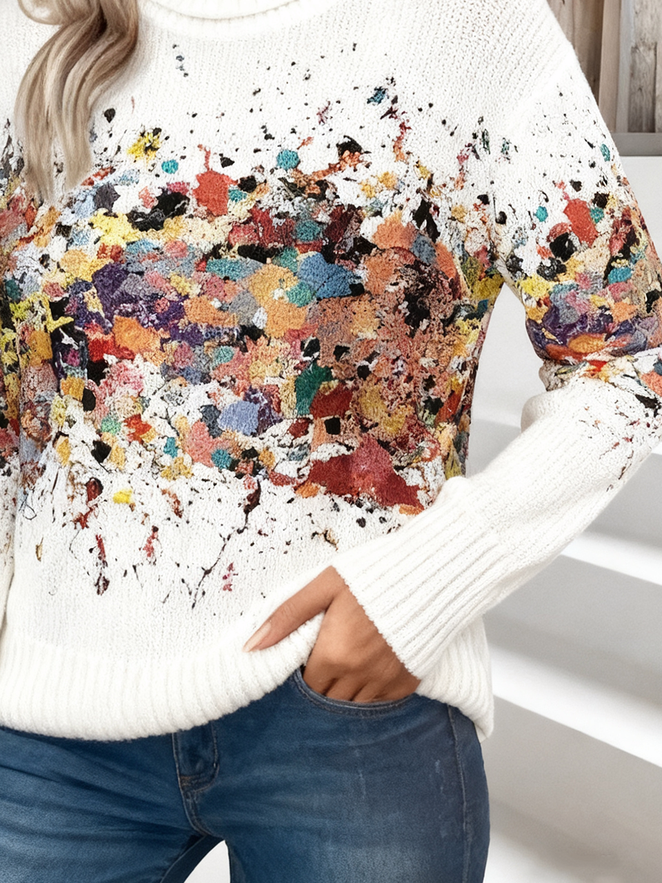 Damen Verlaufsmuster Langarm Bequem Retro Pullover