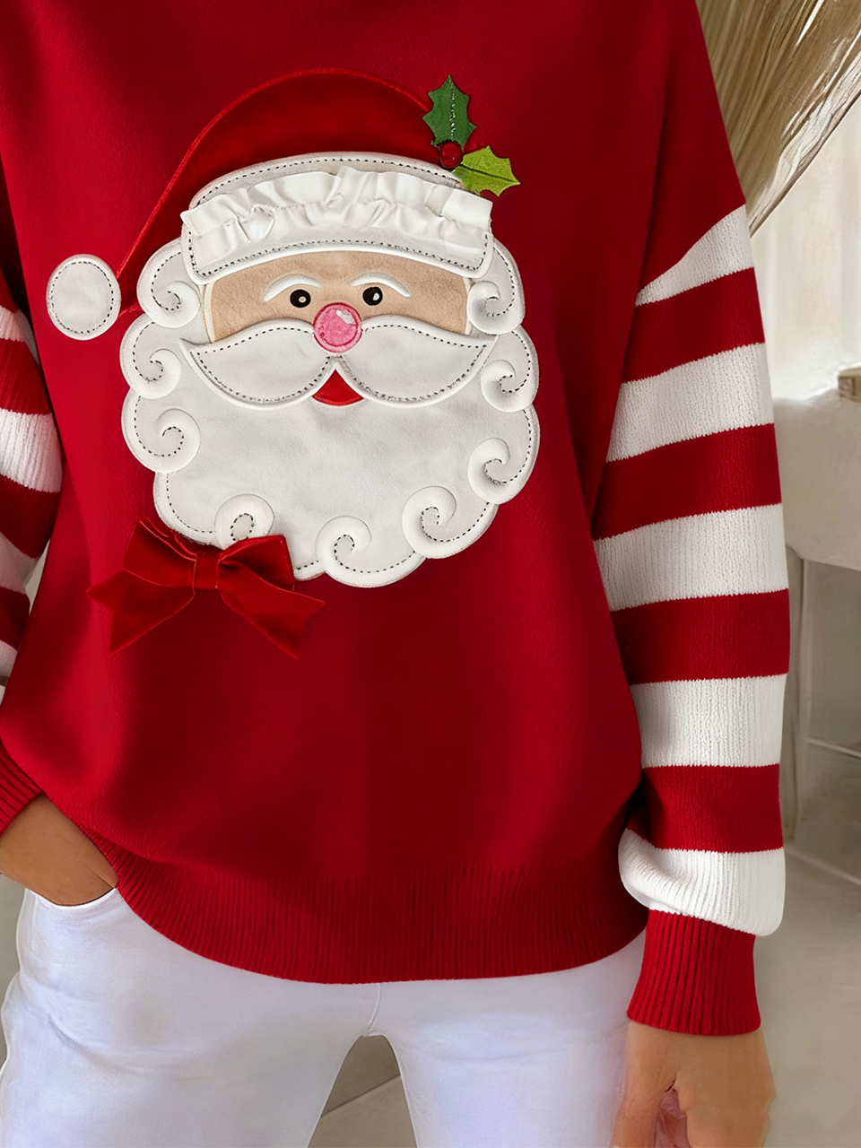 Damen Gestreift Langarm Bequem Retro Pullover