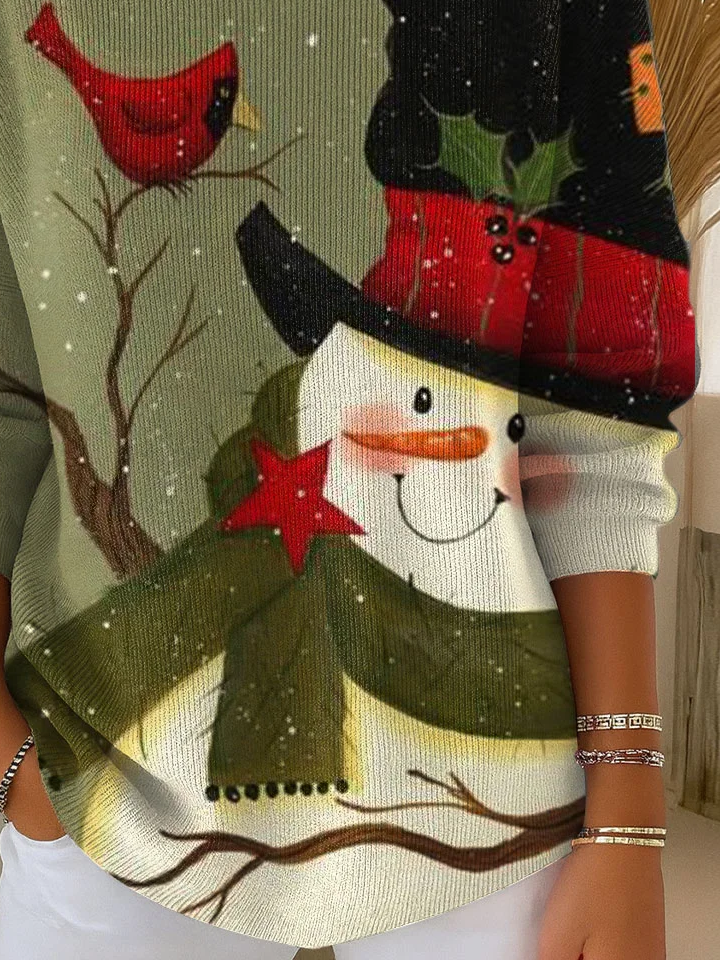 Damen Weihnachtsschneemann Langarm Bequem Lässig Print Pullover