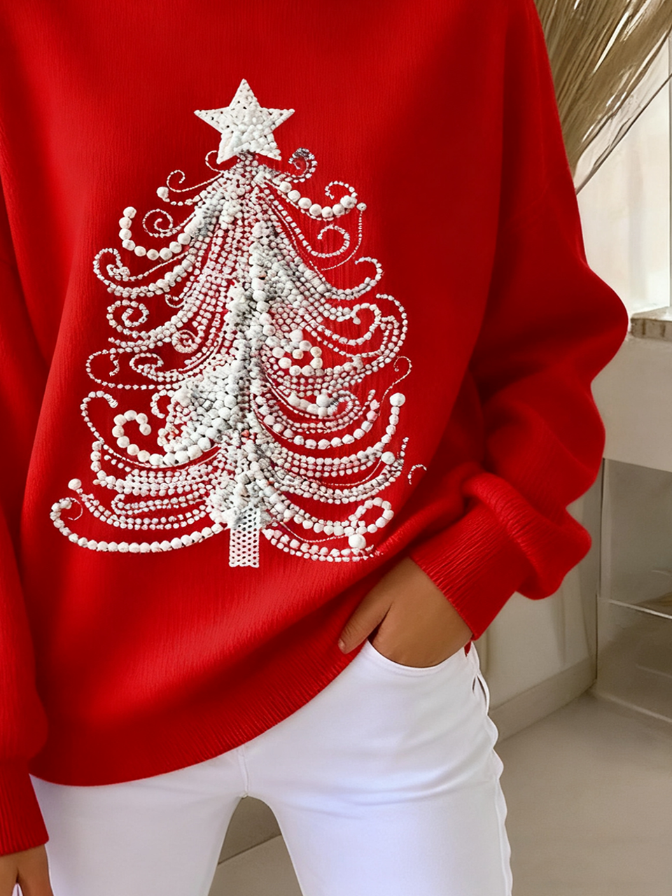 Damen Weihnachten Langarm Bequem Retro Pullover