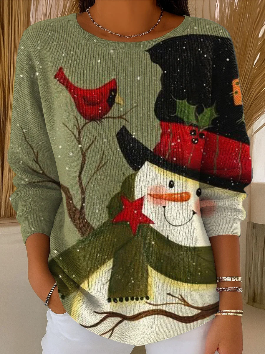 Damen Weihnachtsschneemann Langarm Bequem Lässig Print Pullover