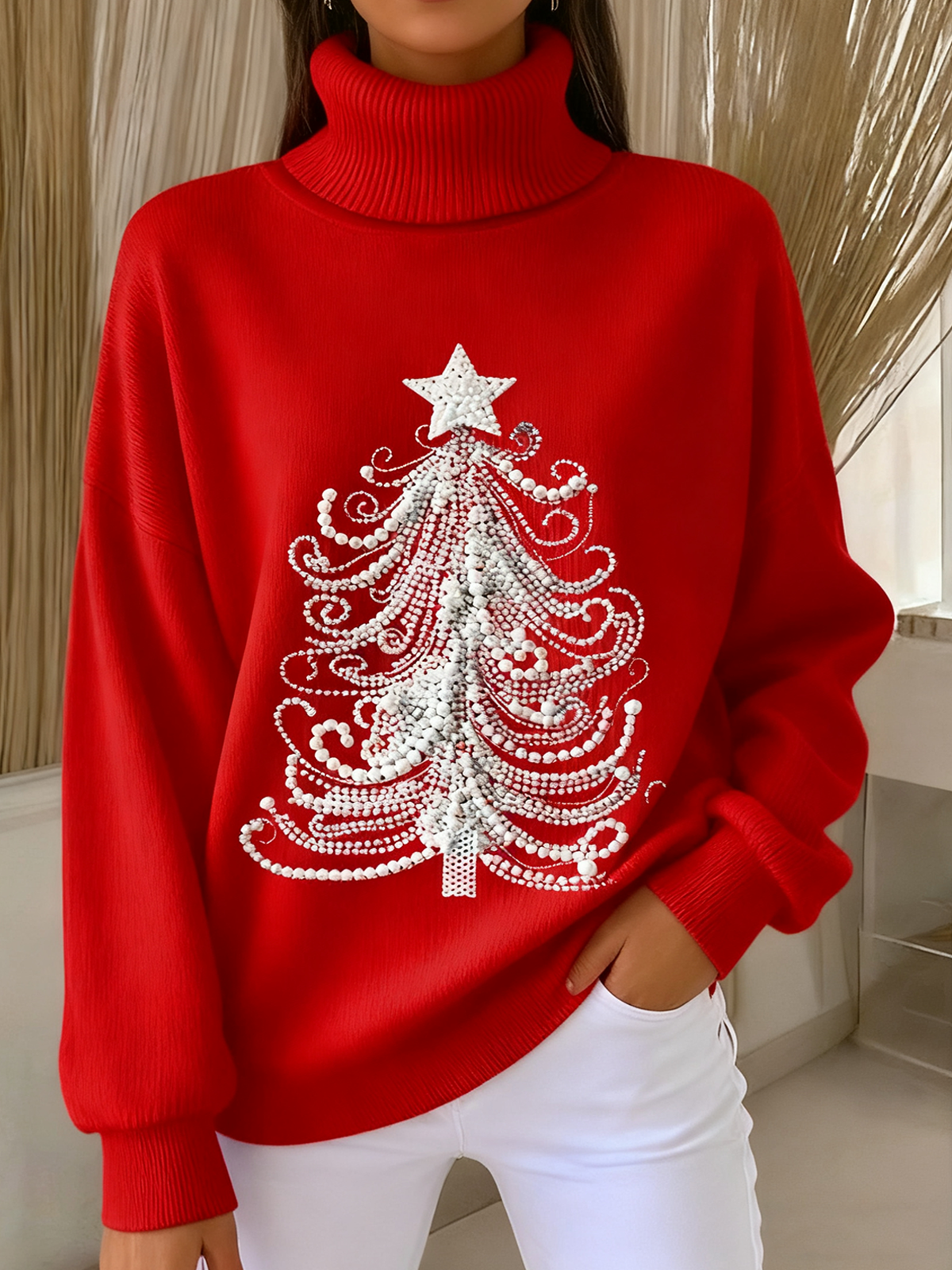 Damen Weihnachten Langarm Bequem Retro Pullover