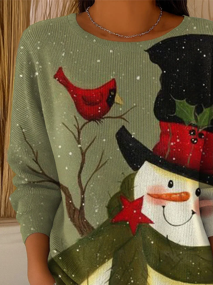 Damen Weihnachtsschneemann Langarm Bequem Lässig Print Pullover
