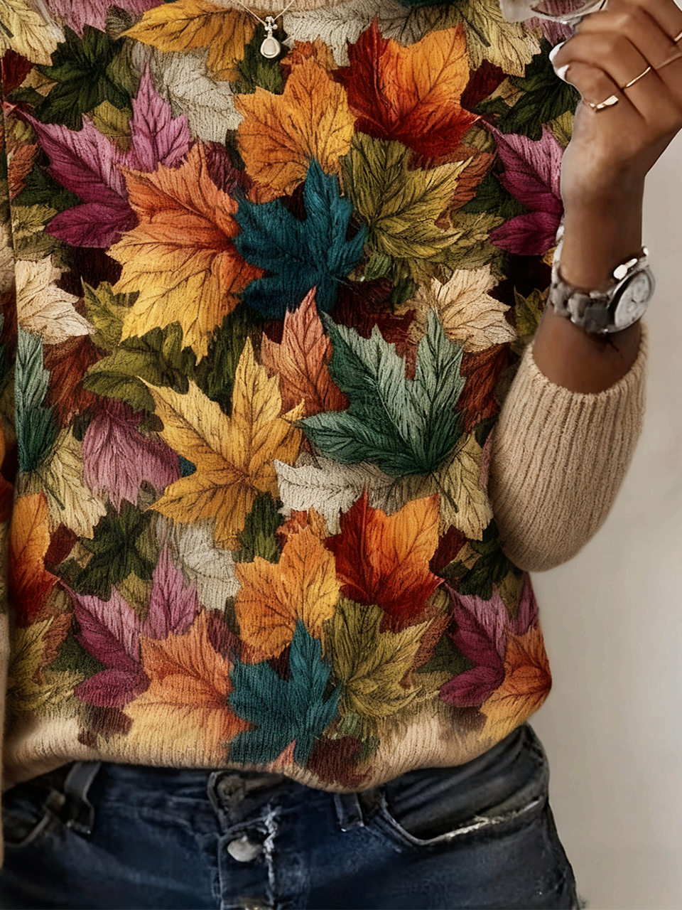 Damen Ahornblatt Langarm Bequem Retro Pullover