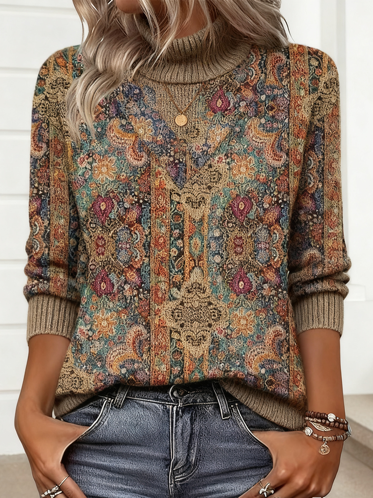 Damen Geometrisch Langarm Bequem Retro Pullover