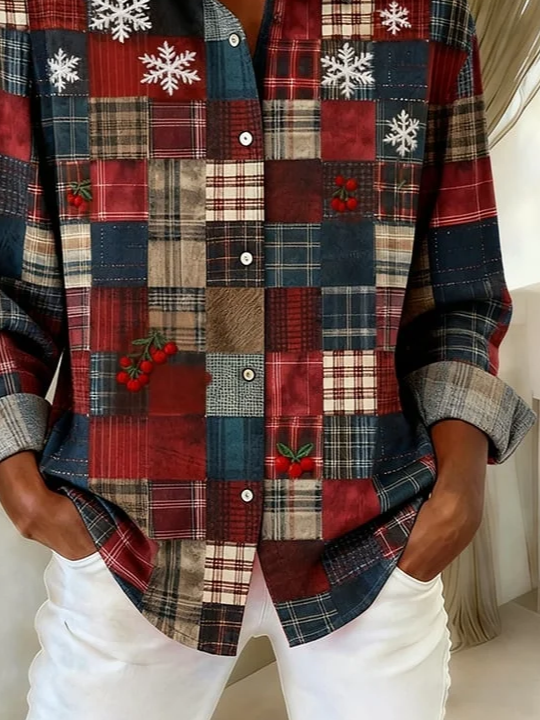 Hemdkragen Normale Ärmel Langarm Weihnachten Schnalle Regelmäßig Weit Knopfhemd Bluse für Damen