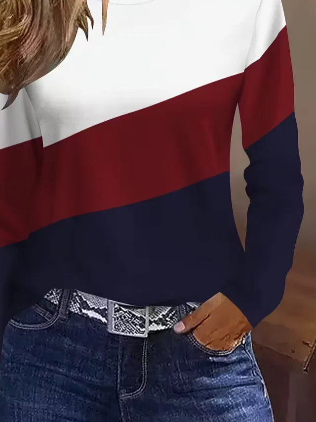 Lässig Multifarben Block Rundhals Langarm T-Shirt