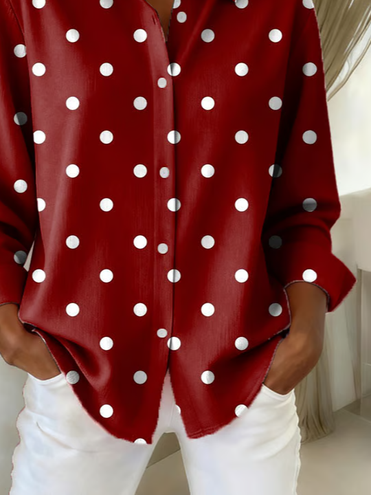Hemdkragen Normale Ärmel Langarm Polka Dots Schnalle Regelmäßig Weit Knopfhemd Bluse für Damen