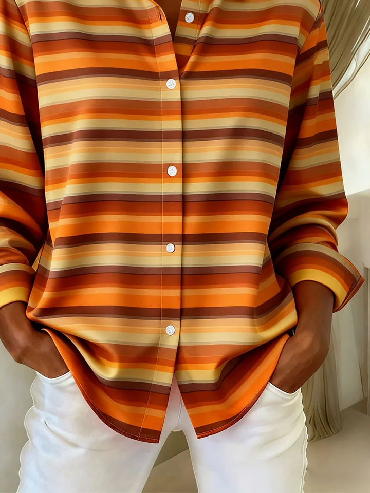 Hemdkragen Normale Ärmel Langarm Gestreift Schnalle Regelmäßig Weit Knopfhemd Bluse für Damen