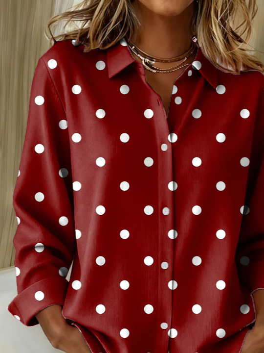 Hemdkragen Normale Ärmel Langarm Polka Dots Schnalle Regelmäßig Weit Knopfhemd Bluse für Damen