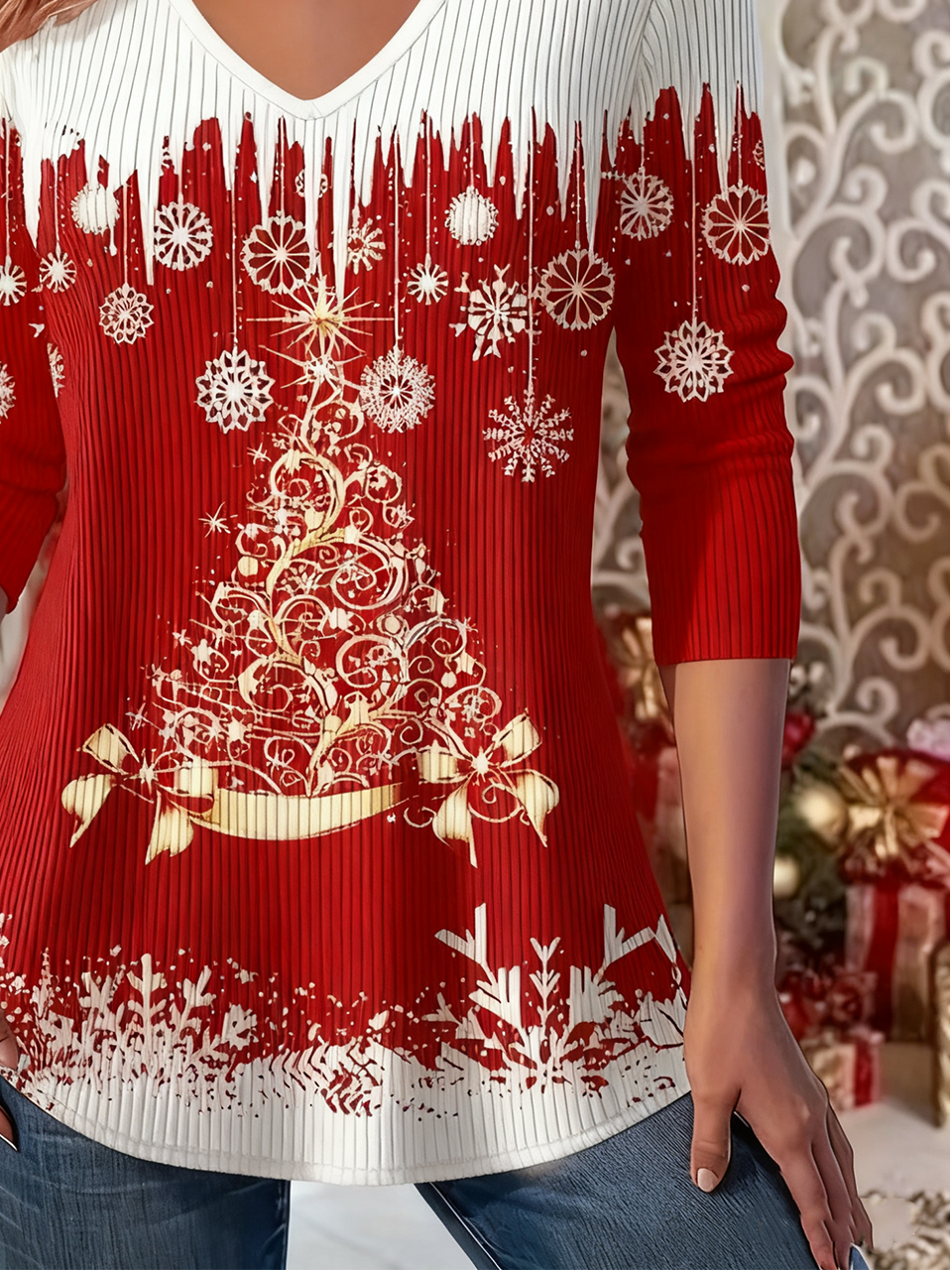 Weihnachten Einfach Weit V-Ausschnitt Stricken Oberteile