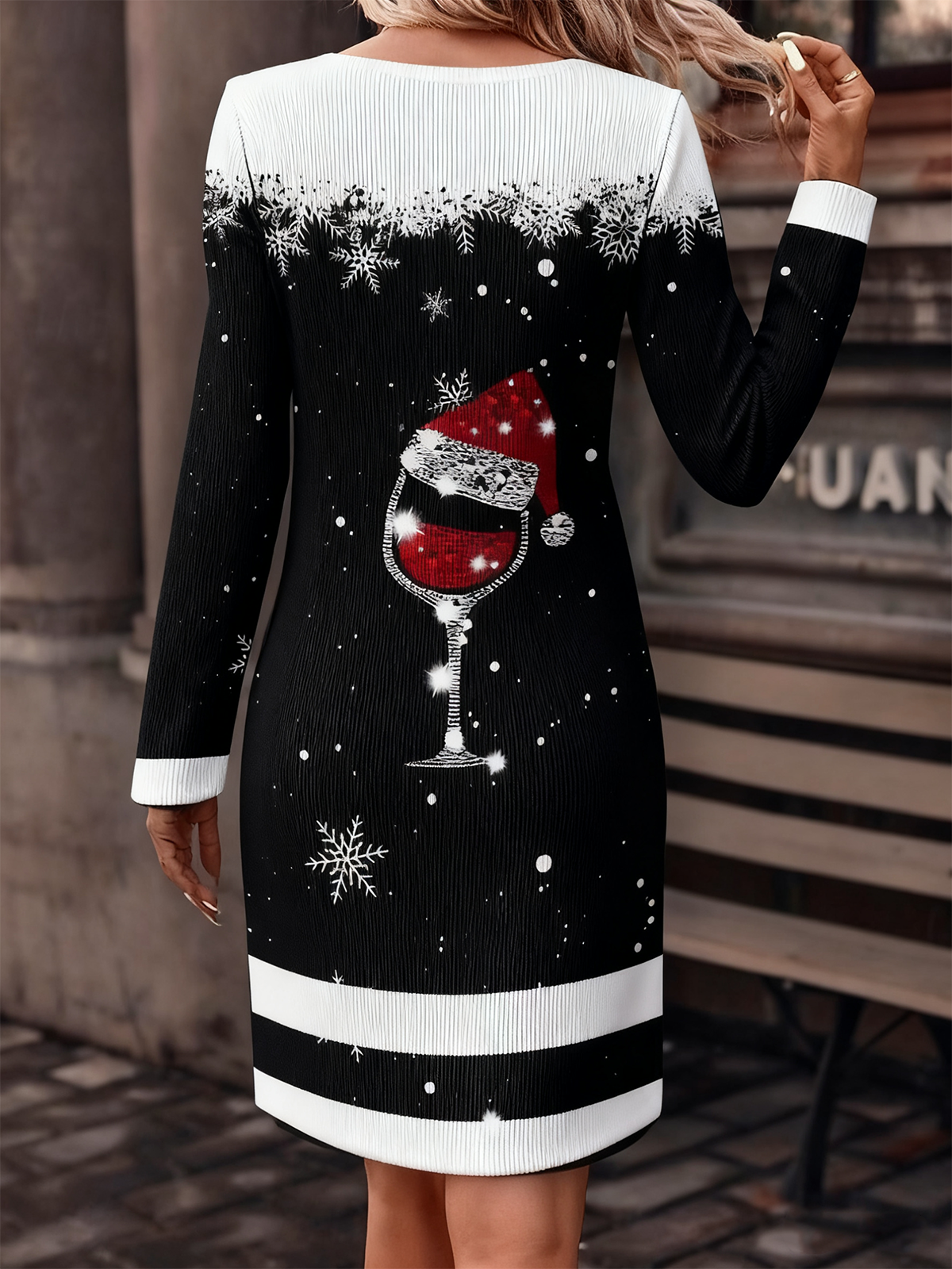 Damen Weihnachten Herbst Kleid Rundhals Langarm H-Linie Kleid