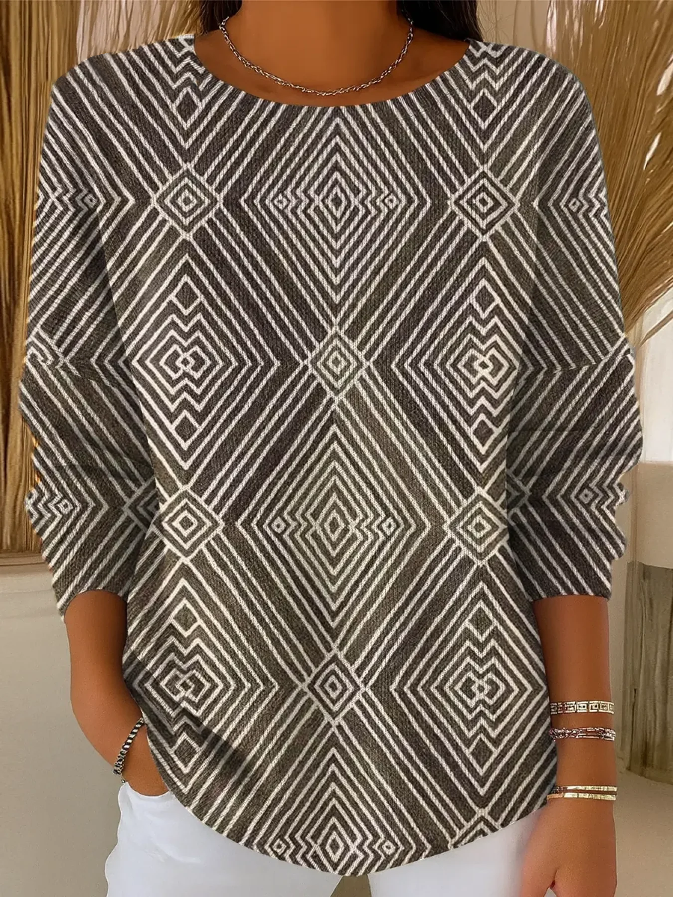 Damen Abstrakt Langarm Bequem Lässig Print Pullover