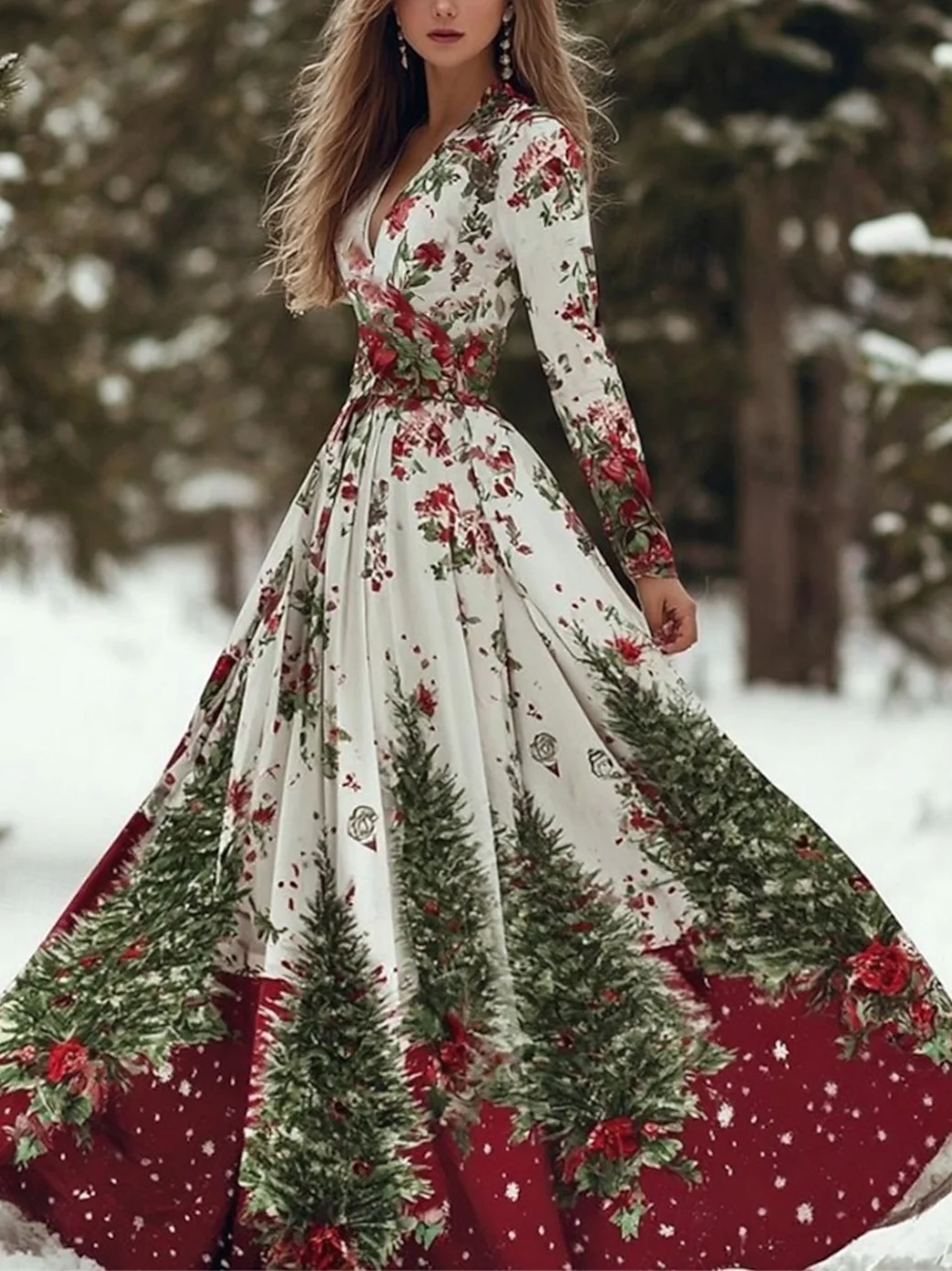 Damen Weihnachten Frühling/Herbst Kleid V-Ausschnitt Langarm A-Linien-Kleid