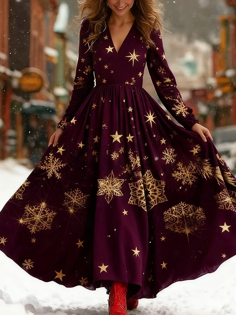 Damen Weihnachten Frühling/Herbst Kleid V-Ausschnitt Langarm A-Linien-Kleid