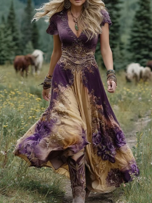 Damen Geblümt Sommer Kleid V-Ausschnitt Kurzarm A-Linien-Kleid