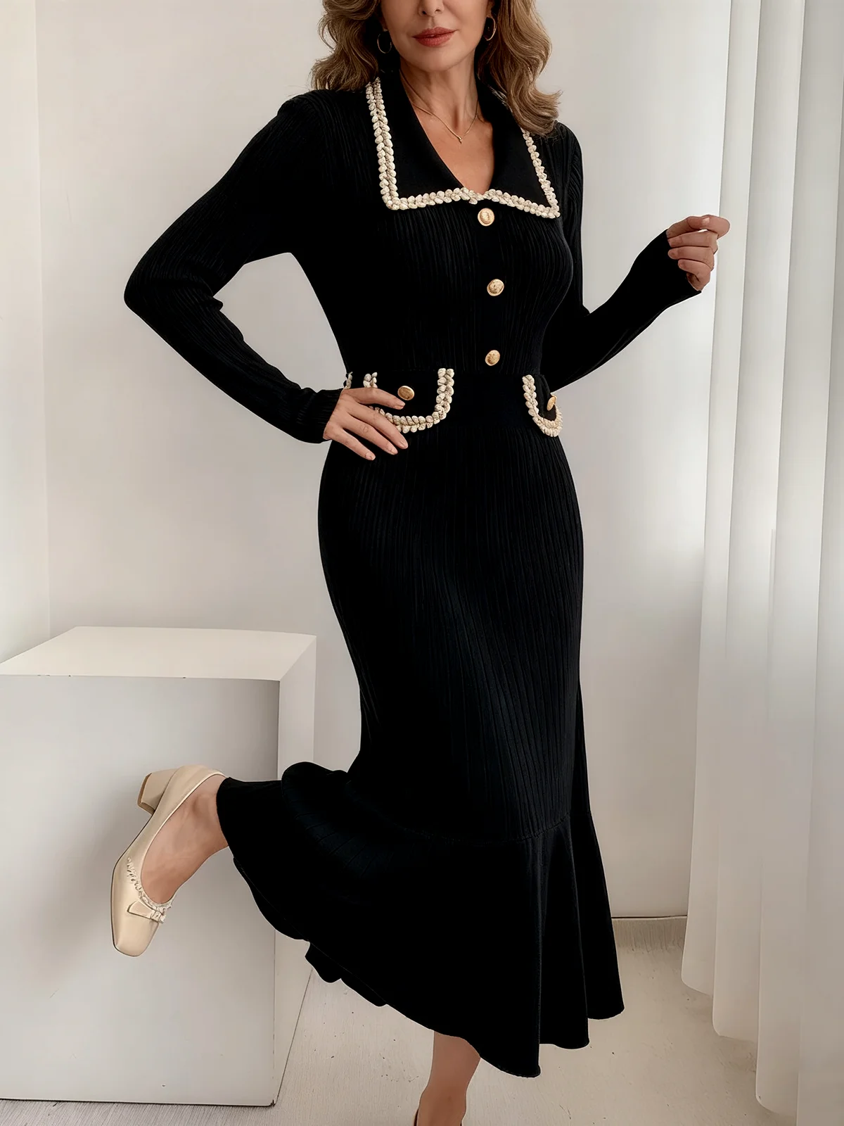 Damen Multifarben Block Frühling/Herbst Kleid Langarm H-Linie Kleid