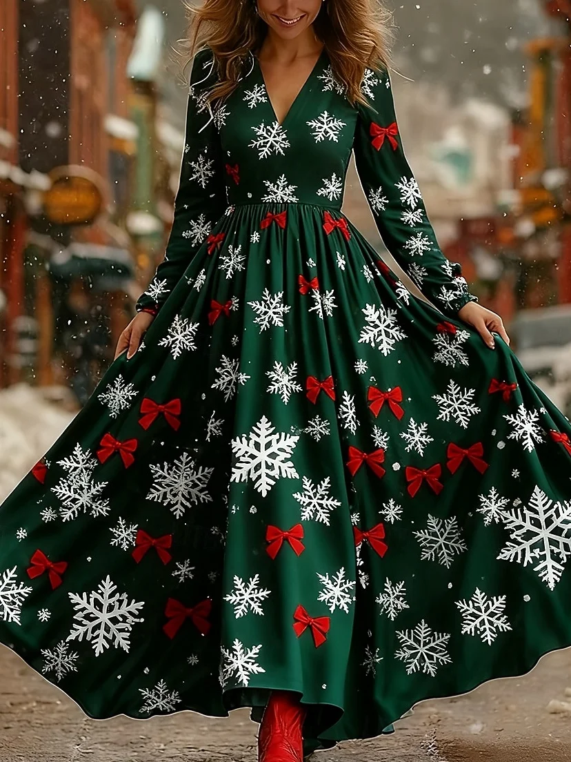 Damen Weihnachten Frühling/Herbst Kleid V-Ausschnitt Langarm A-Linien-Kleid