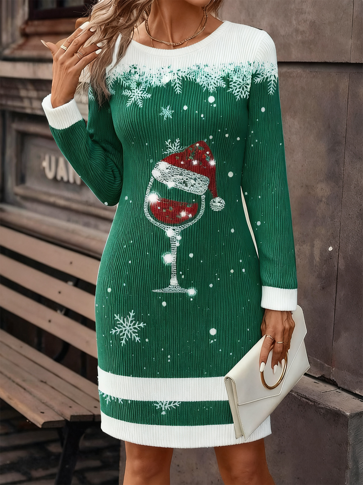Damen Weihnachten Herbst Kleid Rundhals Langarm H-Linie Kleid