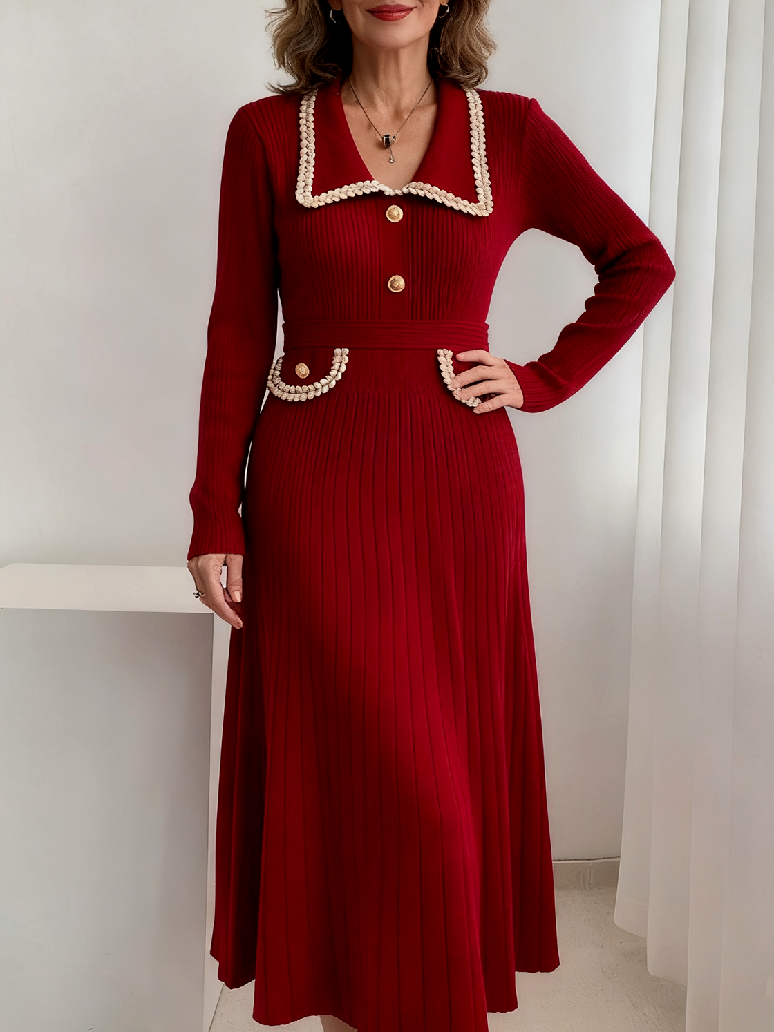 Damen Multifarben Block Frühling/Herbst Kleid Langarm H-Linie Kleid