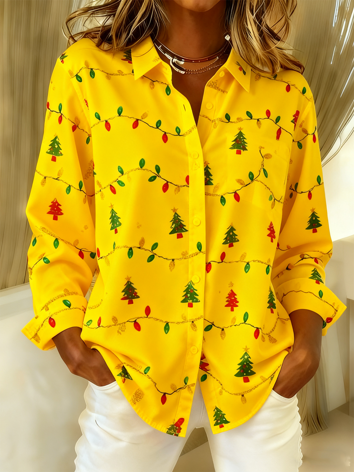 Schalkragen Langarm Weihnachten Regelmäßig Weit Bluse für Damen