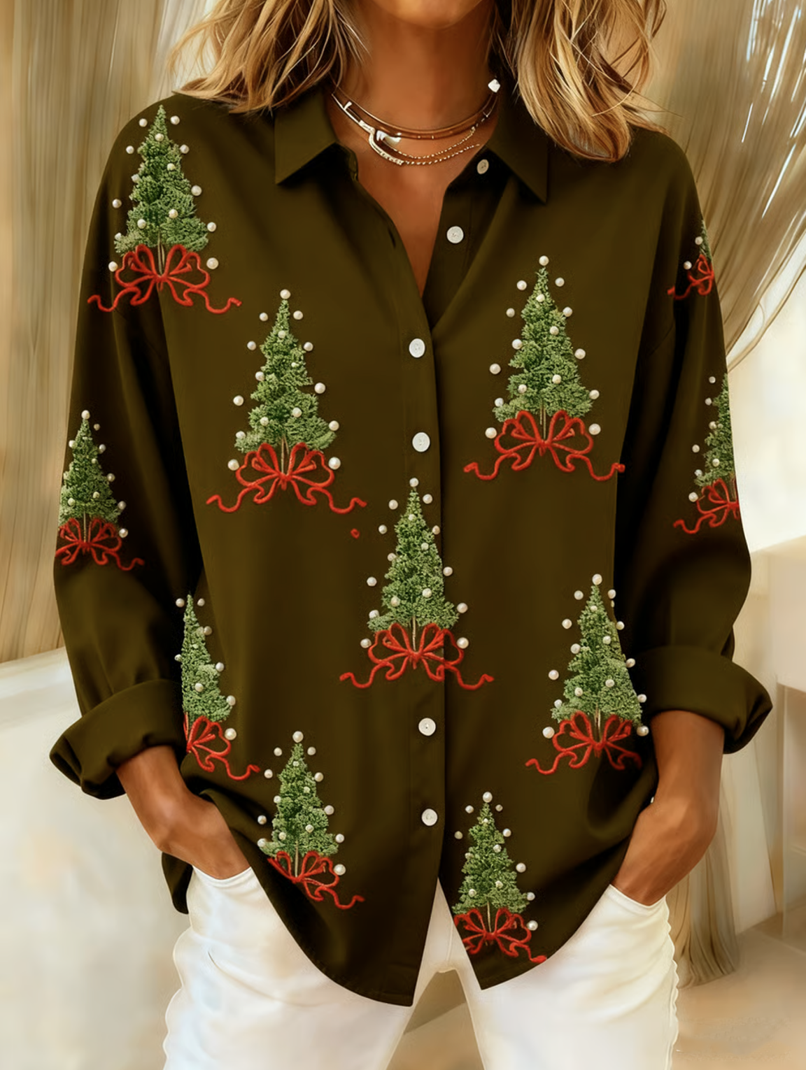 Schalkragen Langarm Weihnachten Regelmäßig Weit Bluse für Damen