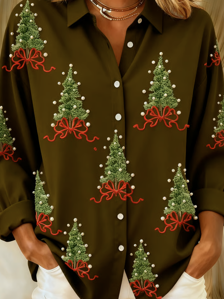 Schalkragen Langarm Weihnachten Regelmäßig Weit Bluse für Damen