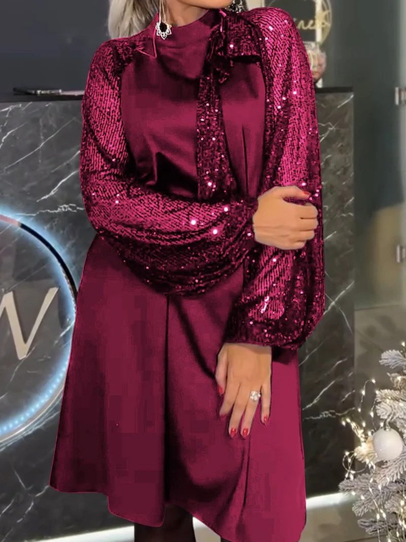 Damen Unifarben Frühling/Herbst Nahtverarbeitung Kleid Rundhals Langarm Paillette A-Linien-Kleid