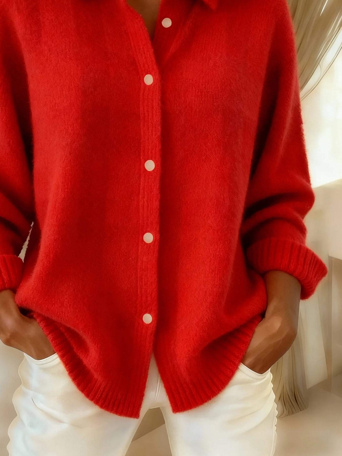 Damen Unifarben Langarm Bequem Retro Print Strickjacke