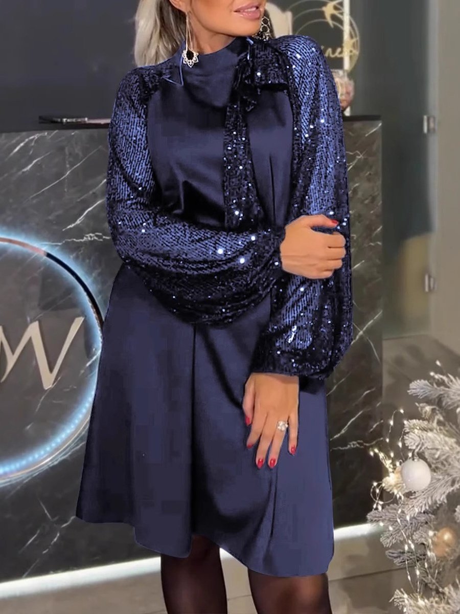 Damen Unifarben Frühling/Herbst Nahtverarbeitung Kleid Rundhals Langarm Paillette A-Linien-Kleid