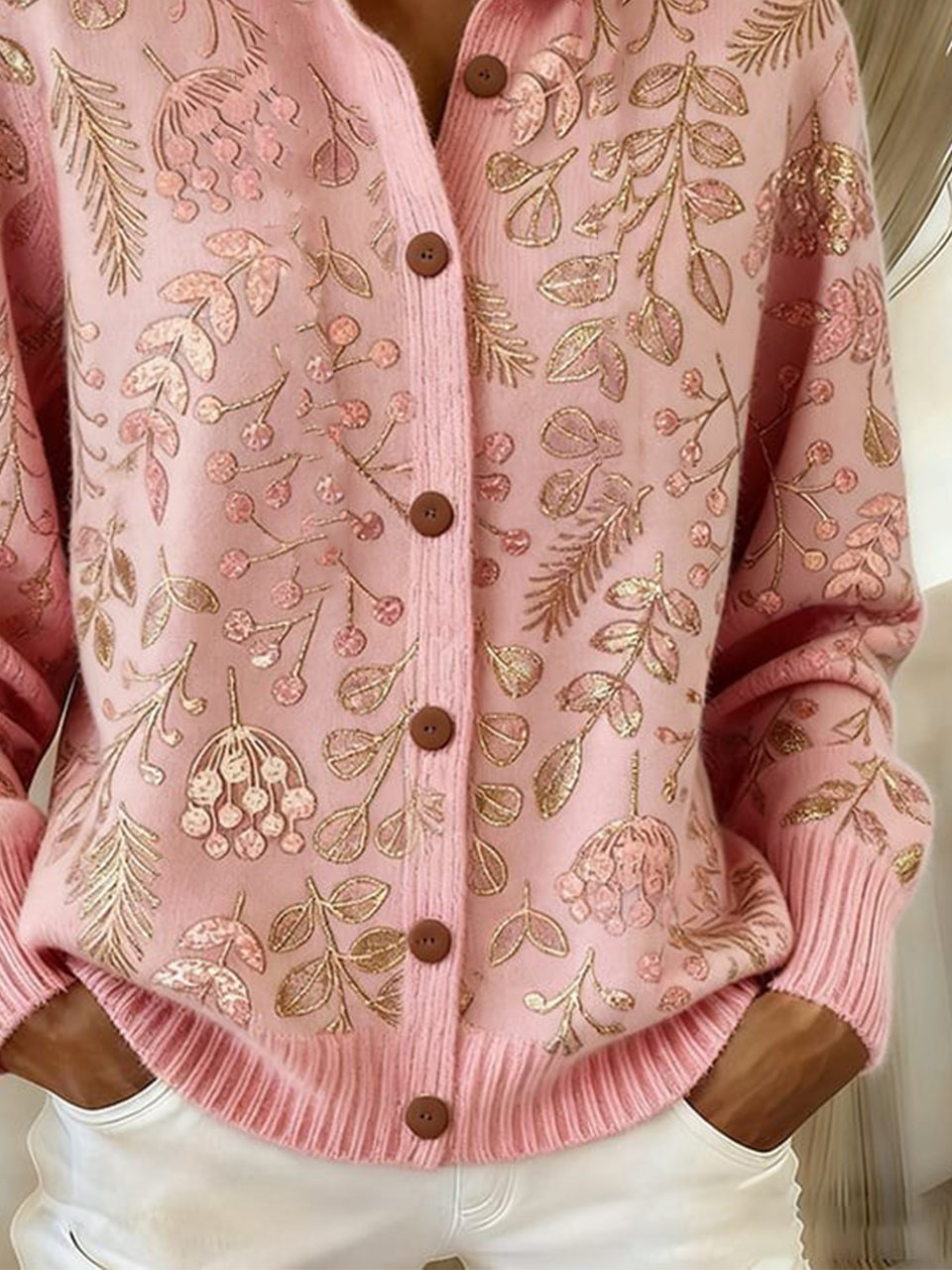 Damen Wolle/Stricken Botanisch Muster Langarm Bequem Lässig Strickjacke