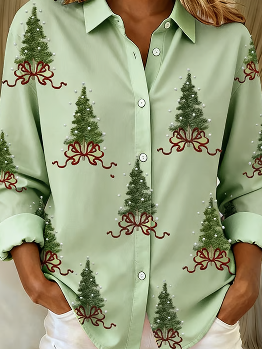 Schalkragen Langarm Weihnachten Regelmäßig Weit Bluse für Damen