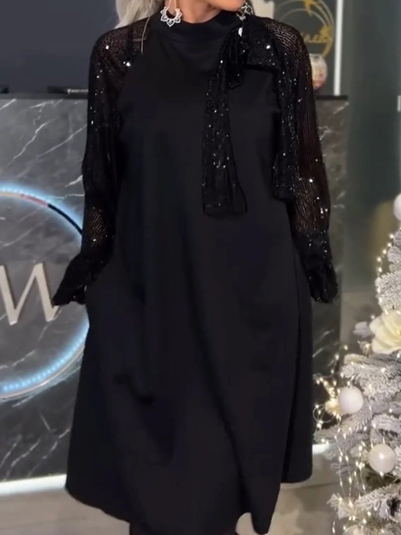 Damen Unifarben Frühling/Herbst Nahtverarbeitung Kleid Rundhals Langarm Paillette A-Linien-Kleid