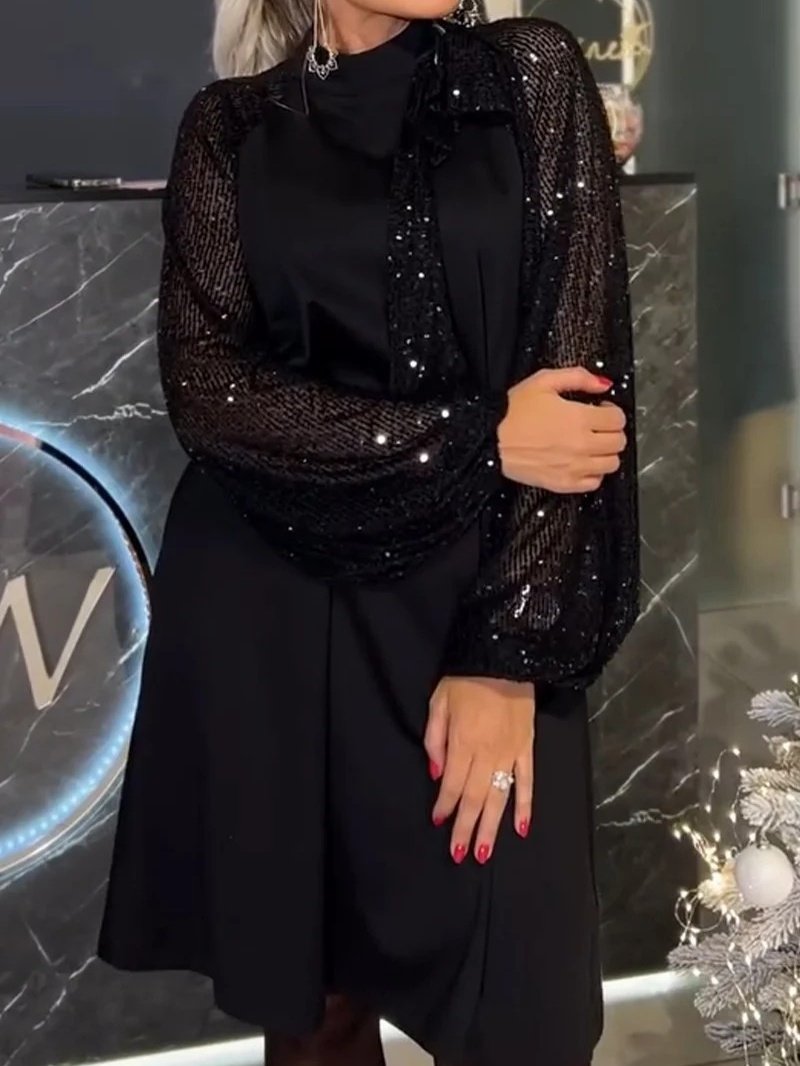 Damen Unifarben Frühling/Herbst Nahtverarbeitung Kleid Rundhals Langarm Paillette A-Linien-Kleid