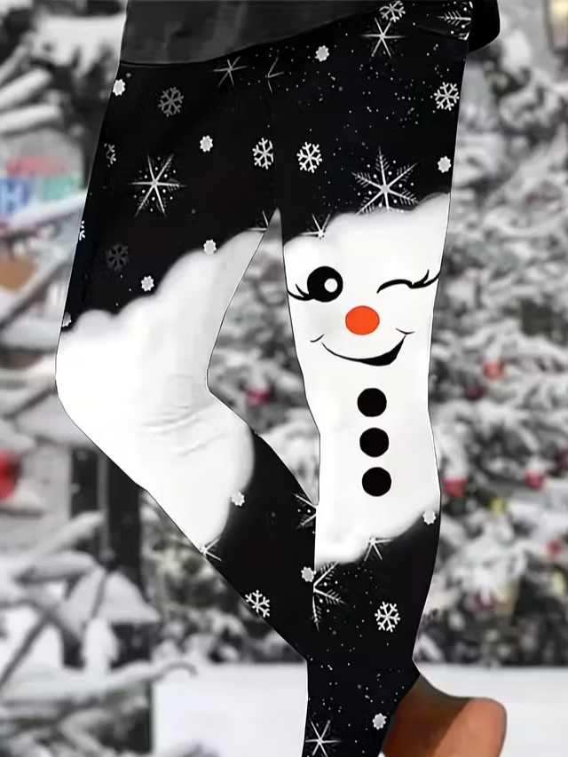 Damen Weihnachtsschneemann Lässig Alle Jahreszeiten Print Lang Leggings