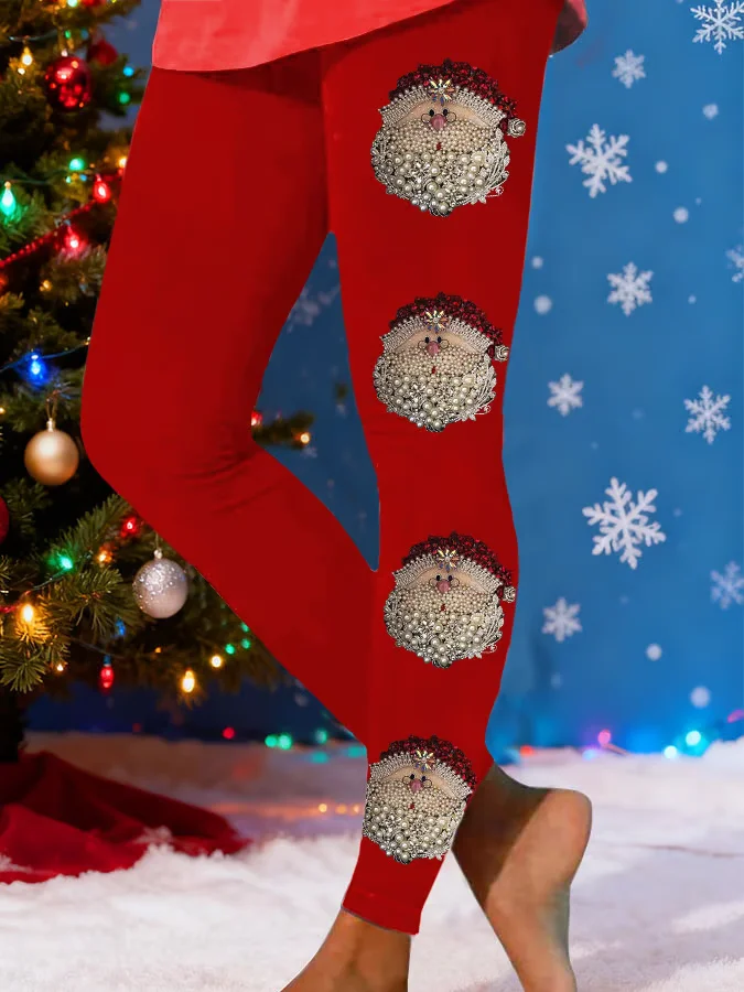 Damen Weihnachtsmann Lässig Alle Jahreszeiten Print Lang Leggings