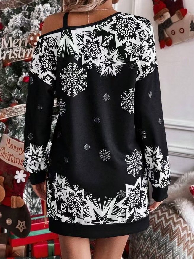 Damen Weihnachten Frühling/Herbst Print Kleid Schulterfrei Langarm Hüftrock A-Linien-Kleid