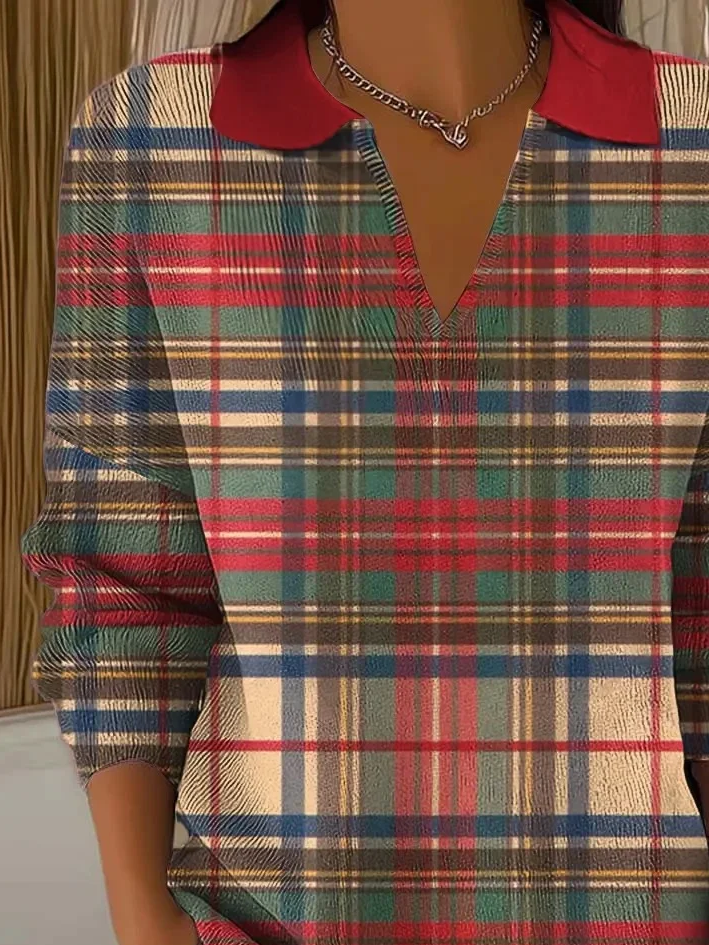 Damen Kariert Langarm Bequem Lässig Print Pullover