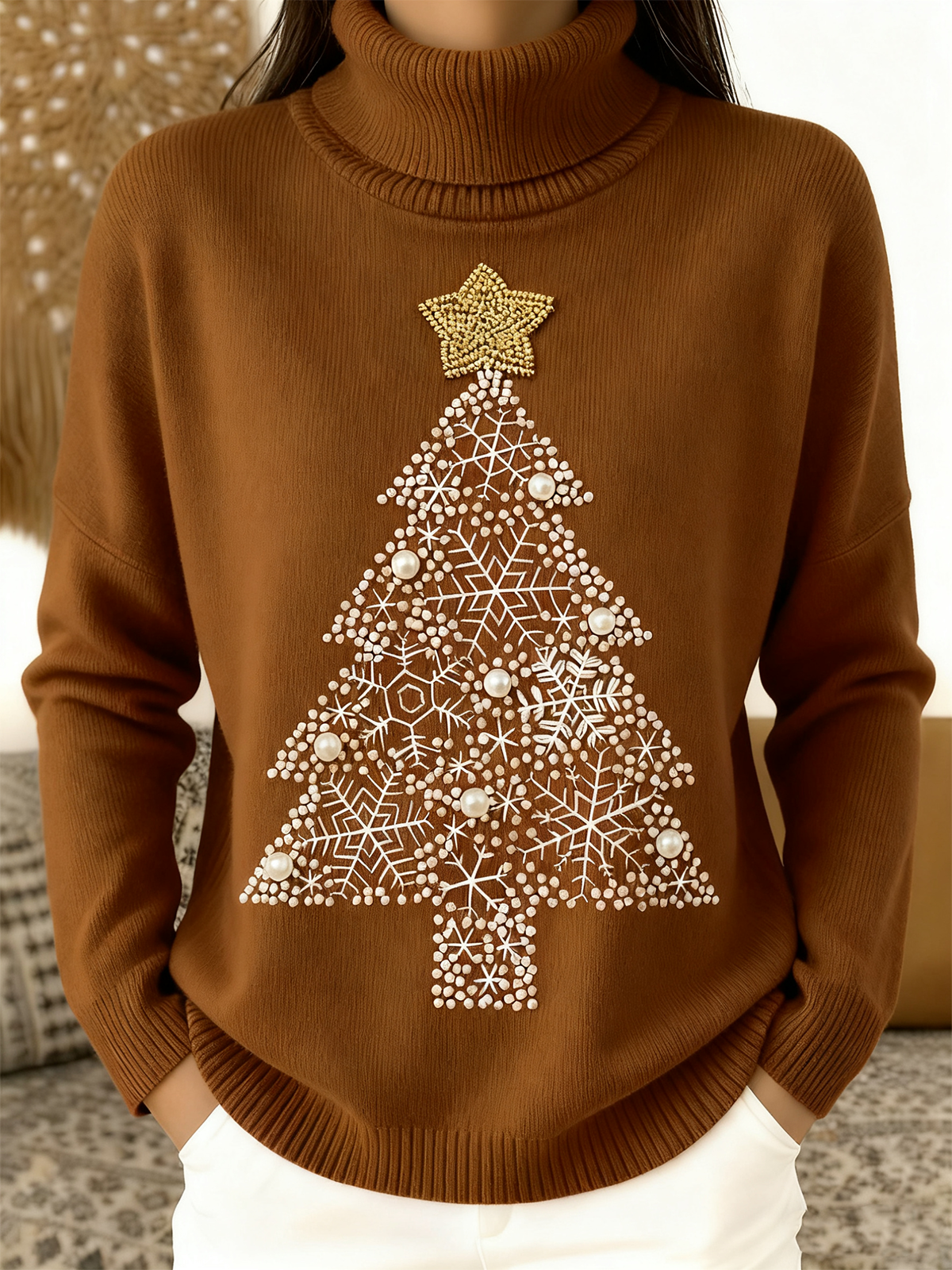Damen Weihnachten Langarm Bequem Retro Pullover