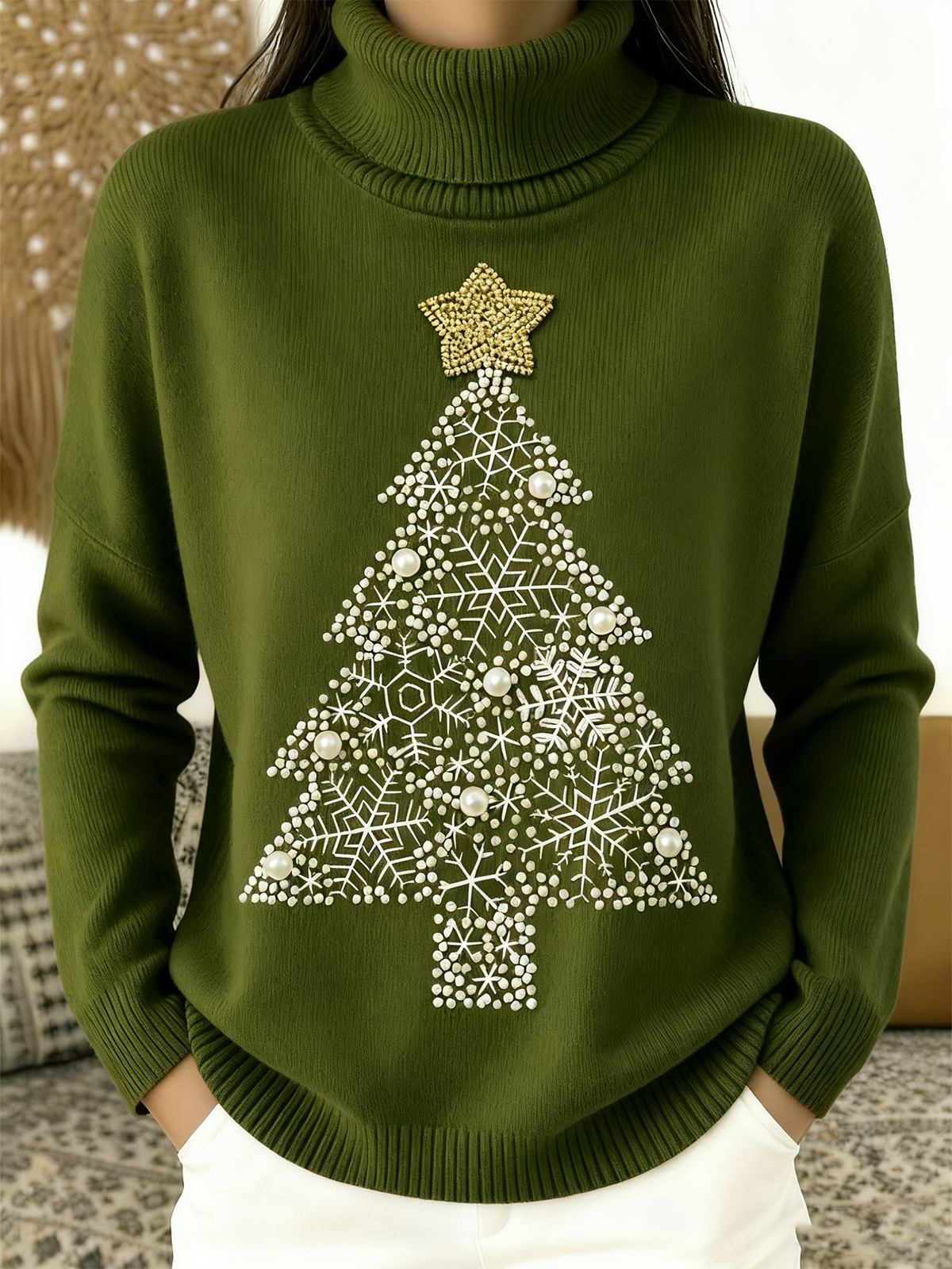 Damen Weihnachten Langarm Bequem Retro Pullover