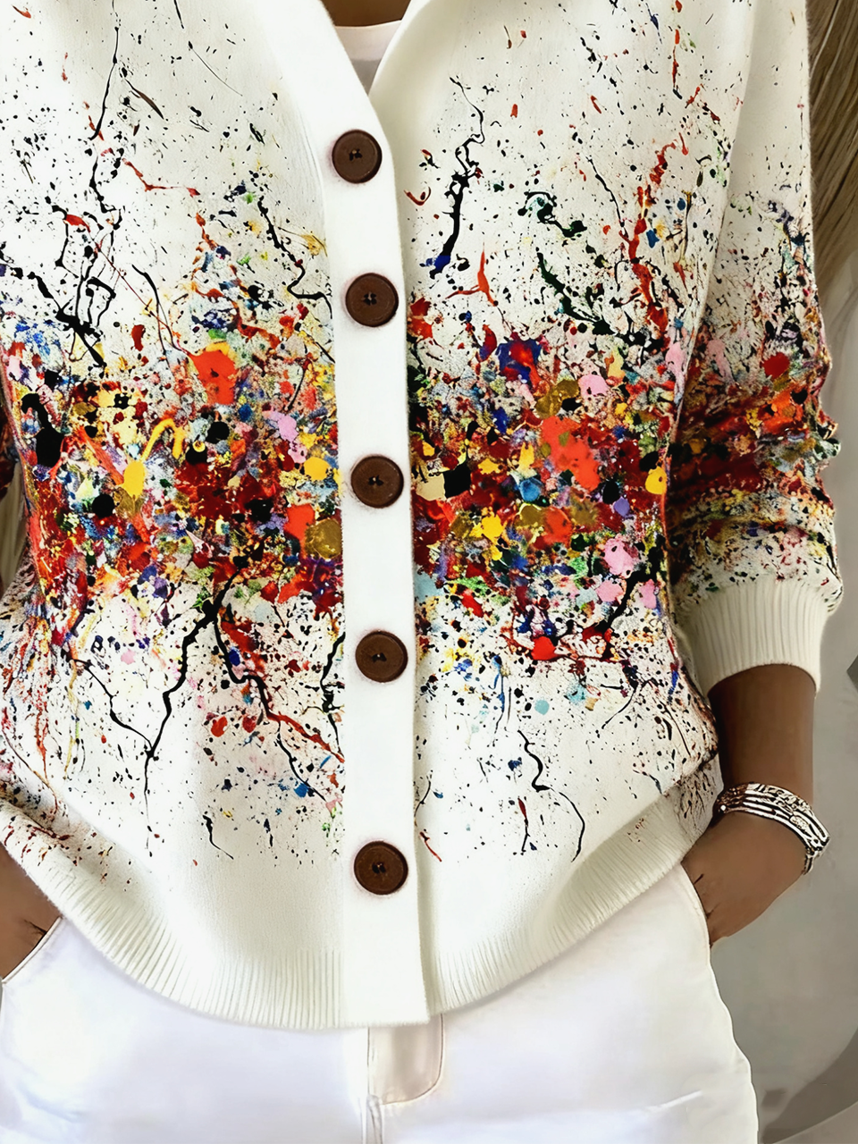 Damen Gestrickt Verlaufsmuster Langarm Bequem Lässig Strickjacke