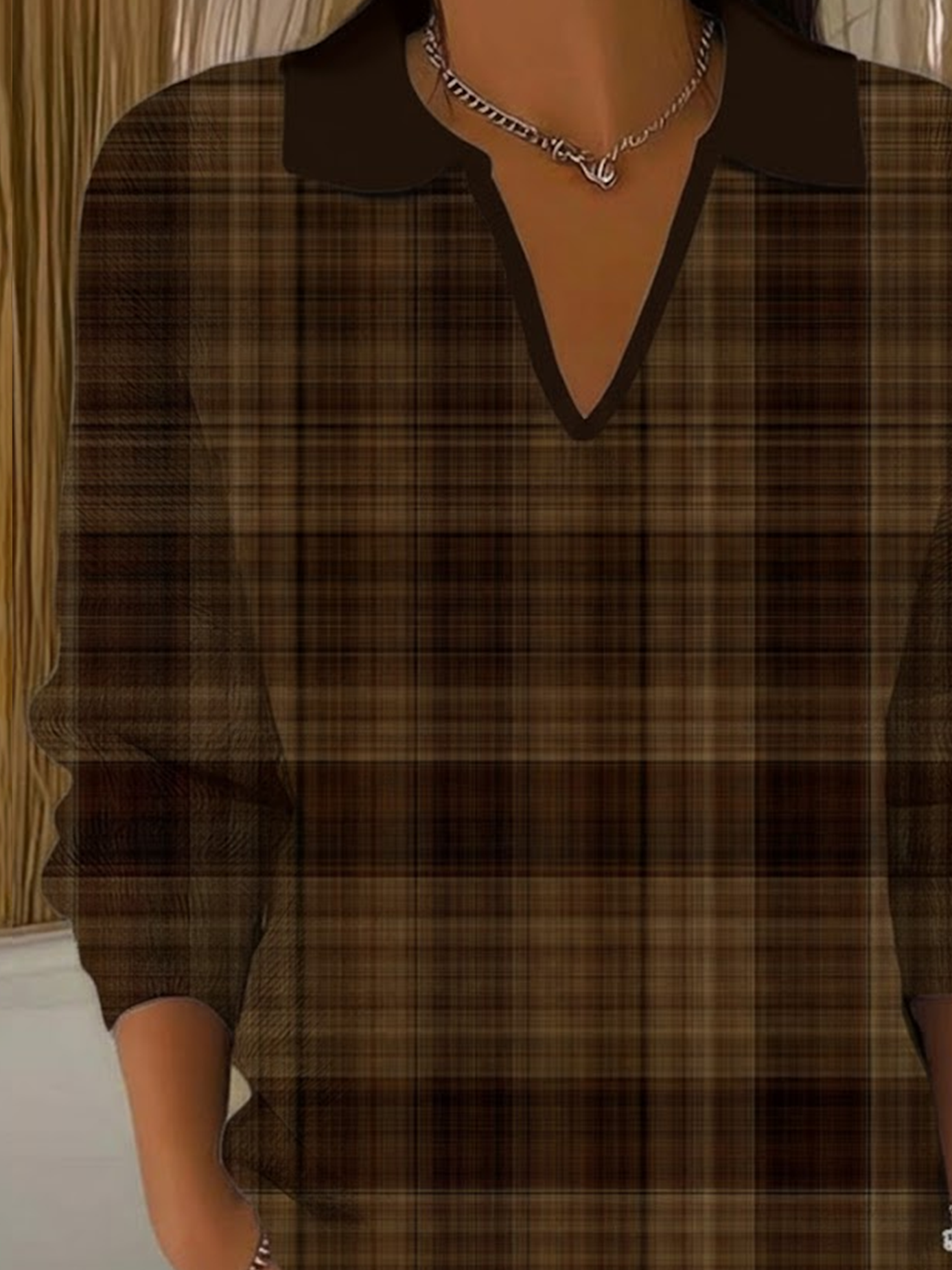 Damen Kariert Langarm Bequem Lässig Print Pullover