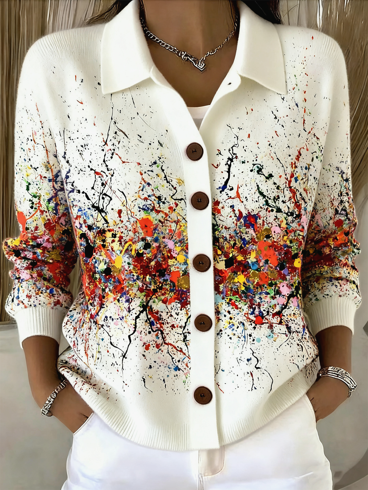 Damen Gestrickt Verlaufsmuster Langarm Bequem Lässig Strickjacke