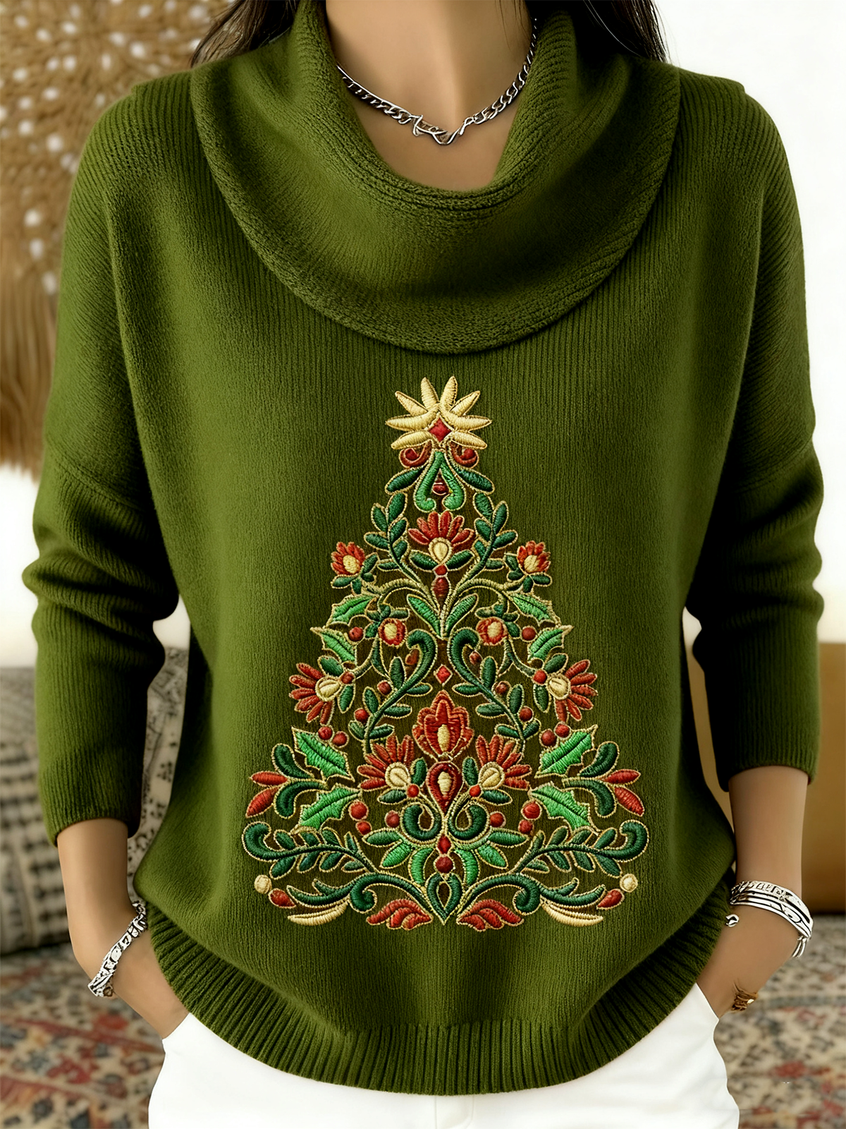 Damen Weihnachten Langarm Bequem Retro Pullover