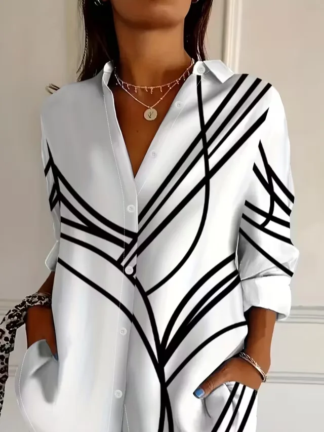 Hemdkragen Normale Ärmel Langarm Abstrakt Schnalle Regelmäßig Weit Knopfhemd Bluse für Damen