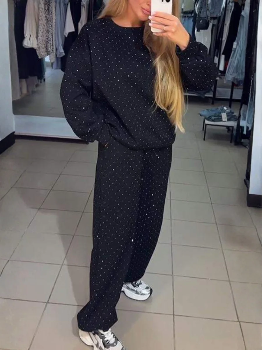 Damen Unifarben Nahtverarbeitung Zweiteiliges Set Täglich Langarm Lässig Frühling/Herbst Bluse mit Hose Matching Set