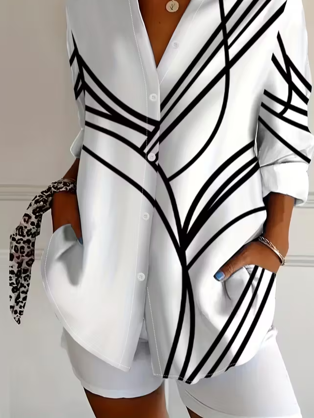 Hemdkragen Normale Ärmel Langarm Abstrakt Schnalle Regelmäßig Weit Knopfhemd Bluse für Damen